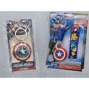 2 Lot Marvel Captain America Shield Pewter Key Ring NEW SEALED & Lanyard!